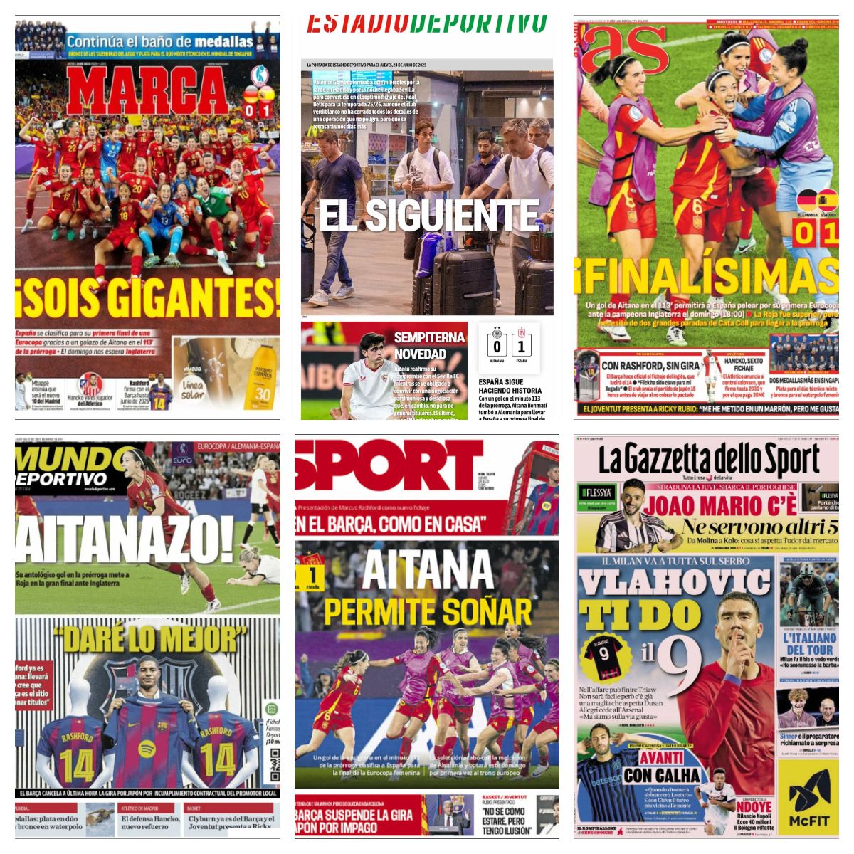 España a la final de la Eurocopa Femenina, Rashford ya luce los colores del FC Barcelona, Valentín Gómez, Juanlu... así vienen las portadas de hoy