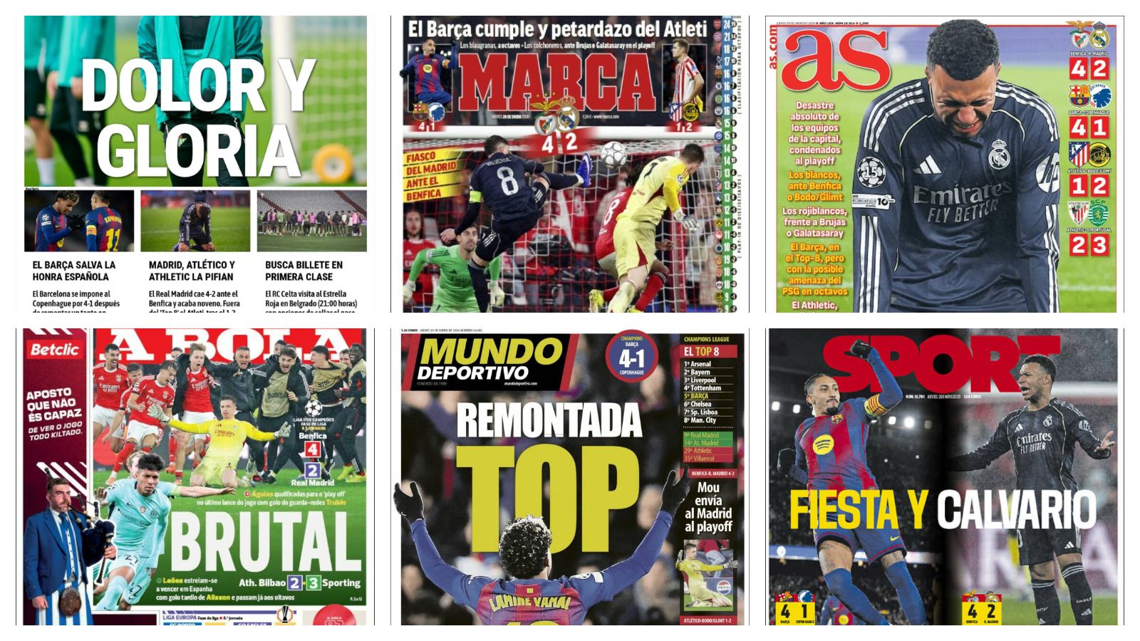 La última jornada de la Champions League con las derrotas de Real Madrid y Atlético, la remontada del Barcelona y los posibles emparejamientos… Así vienen las portadas