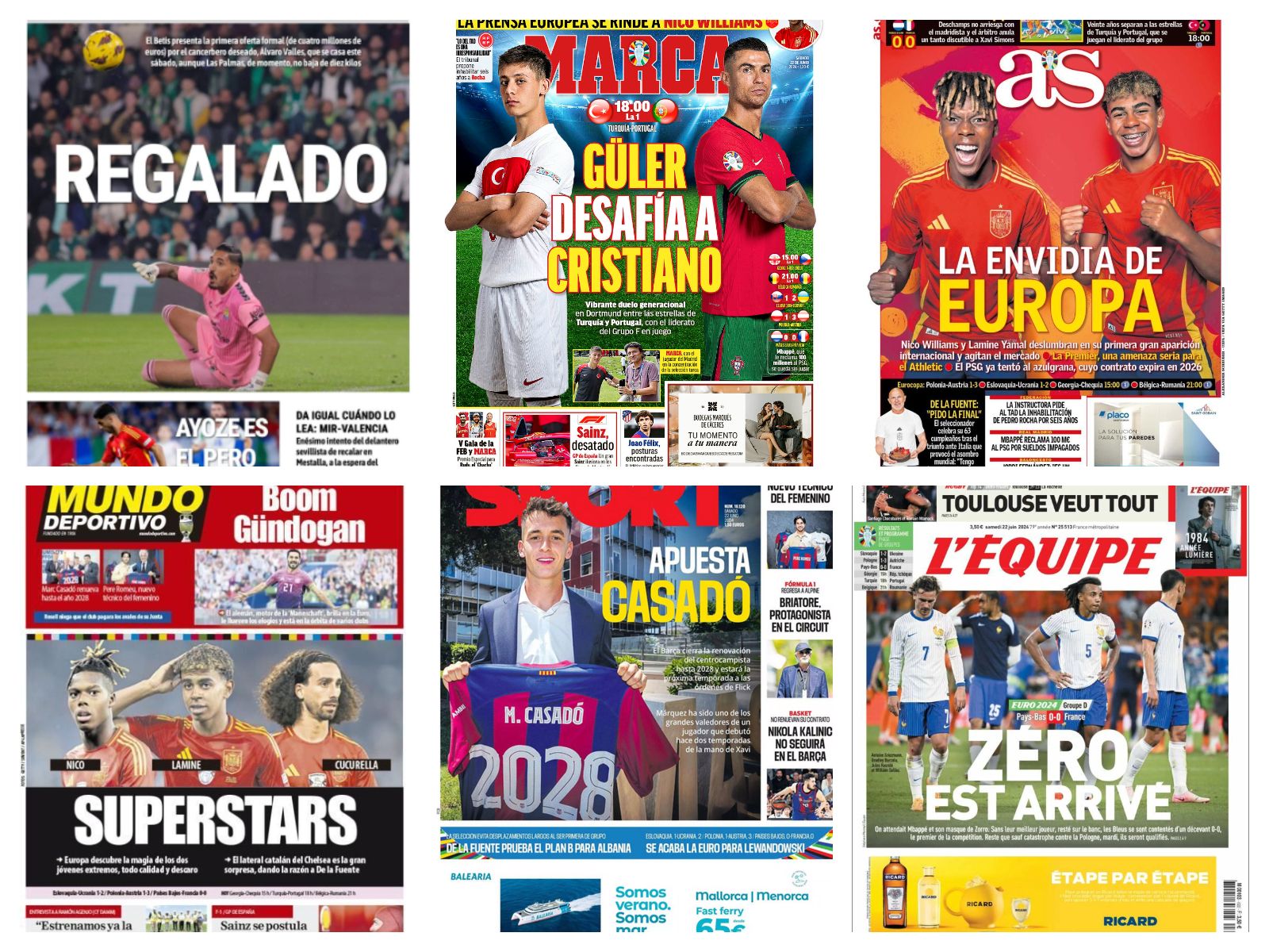 La Eurocopa, el nuevo lío entre el PSG y Mbappé, Casadó y Romeu en el FC Barcelona… las portadas del sábado 22 de junio 2024