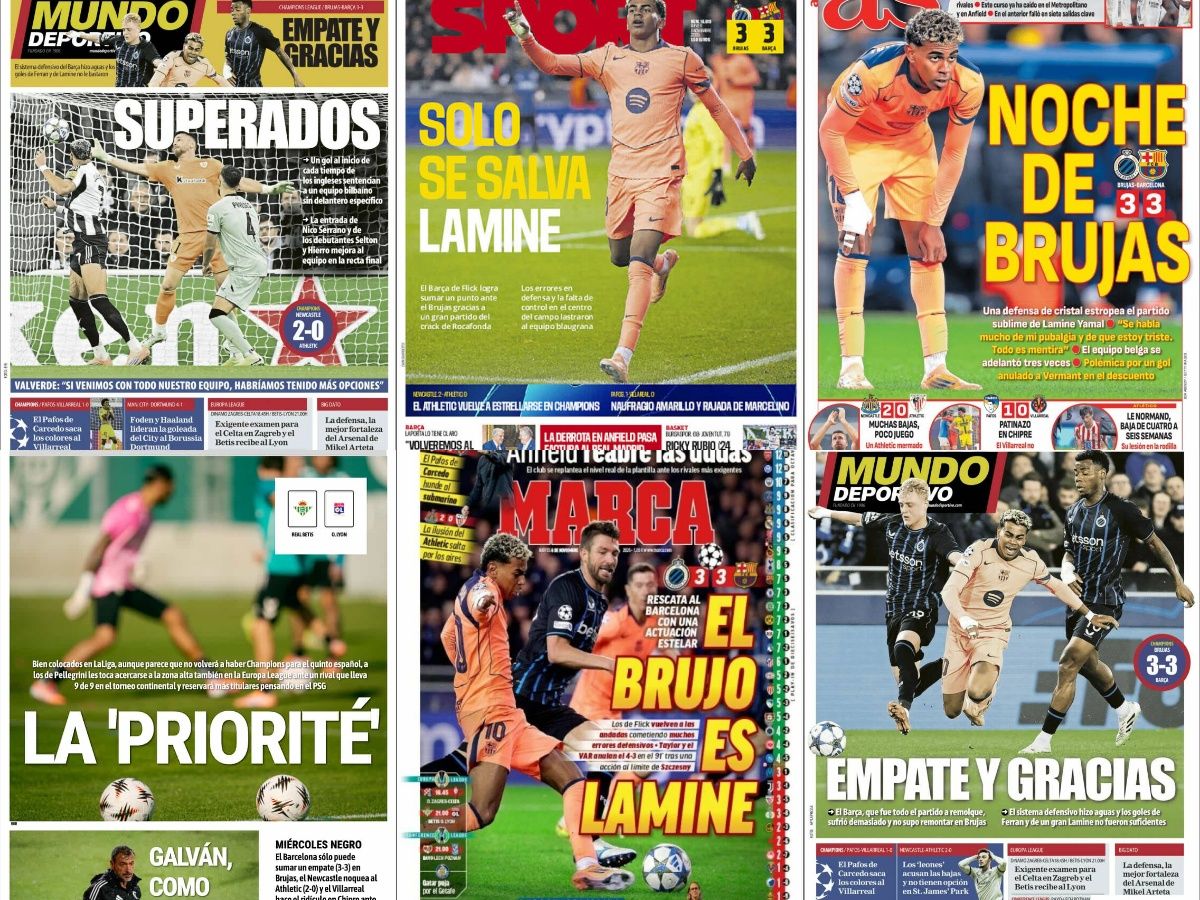 Lamine Yamal rescata al Barça, ‘La Priorité’ en el Betis, el banquillo del Sevilla vibra, tropiezo europeo del Athletic… Así vienen las portadas del jueves 6 de noviembre