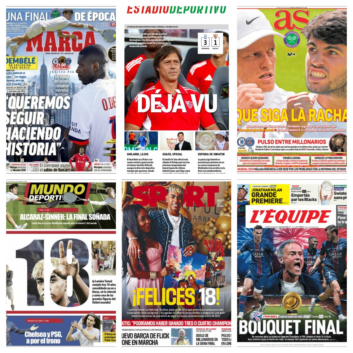 La final del Mundial de Clubes, Alcaraz se vuelve a ver las caras con Sinner, los 18 de Lamine... así vienen las portadas de hoy