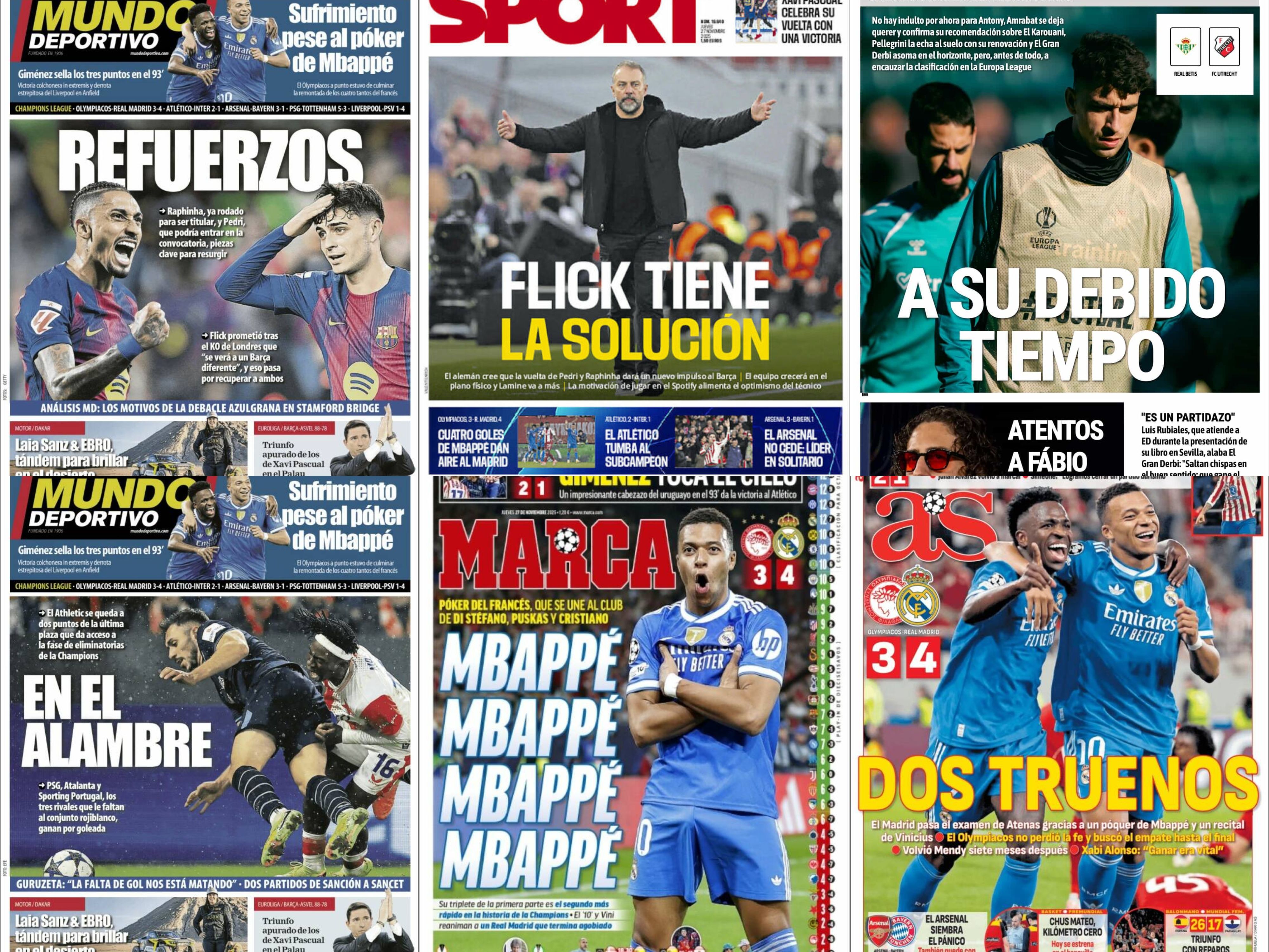 A su debido tiempo, el póker de Mbappé, la alarma defensiva del Madrid, la confianza de Flick… así llegan las portadas del jueves 27 de noviembre