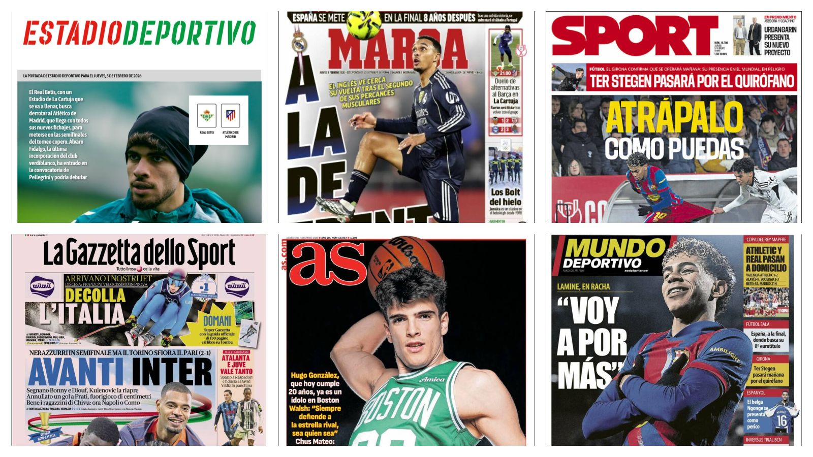 Los cuartos de final en la Copa del Rey, la ambición de Lamine Yamal, el regreso de Trent y el resto de torneos nacionales europeos… Así vienen las portadas