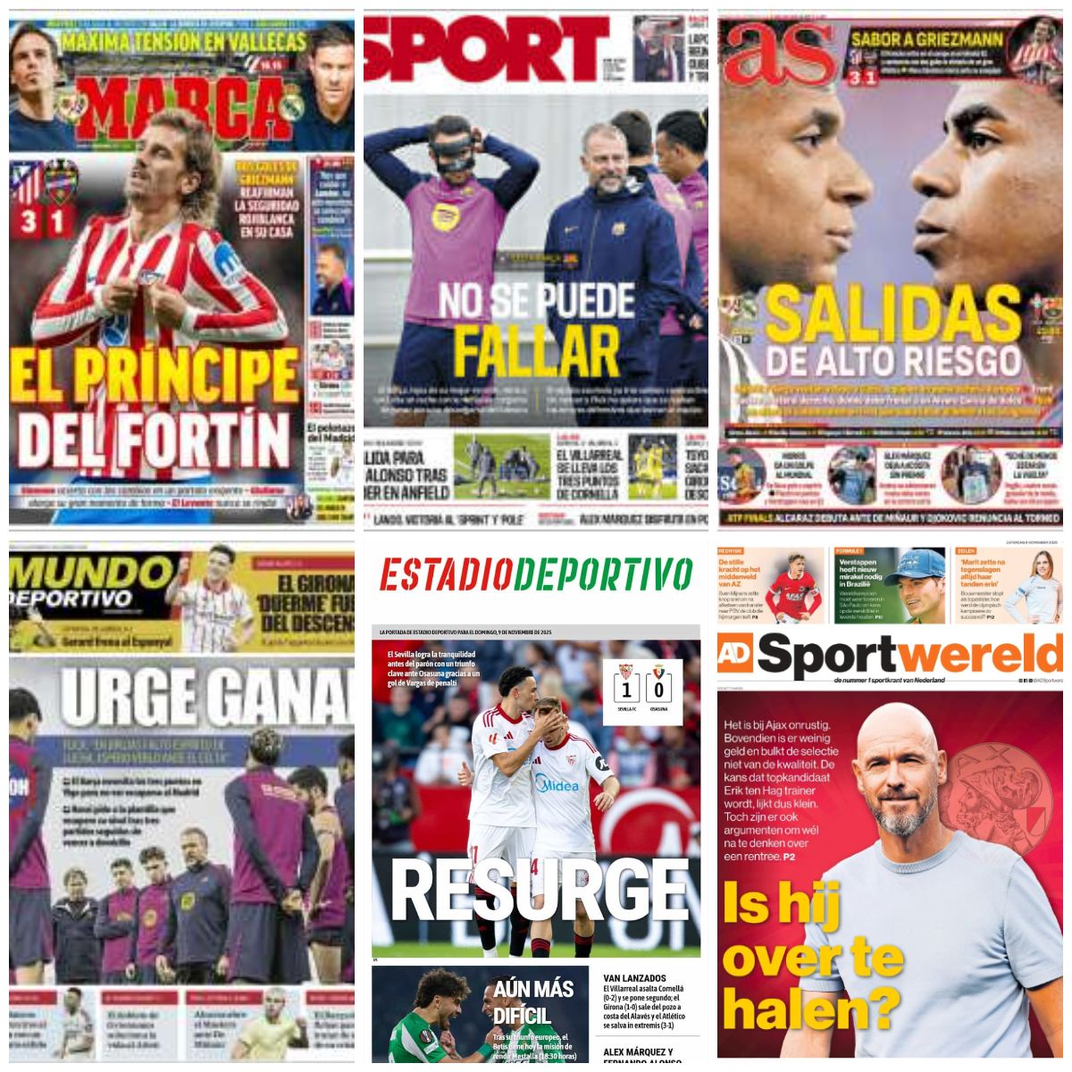 La obligación de ganar del Barça, la reválida del Real Madrid, oportunidad para el Betis...así vienen las portadas del 9 de noviembre