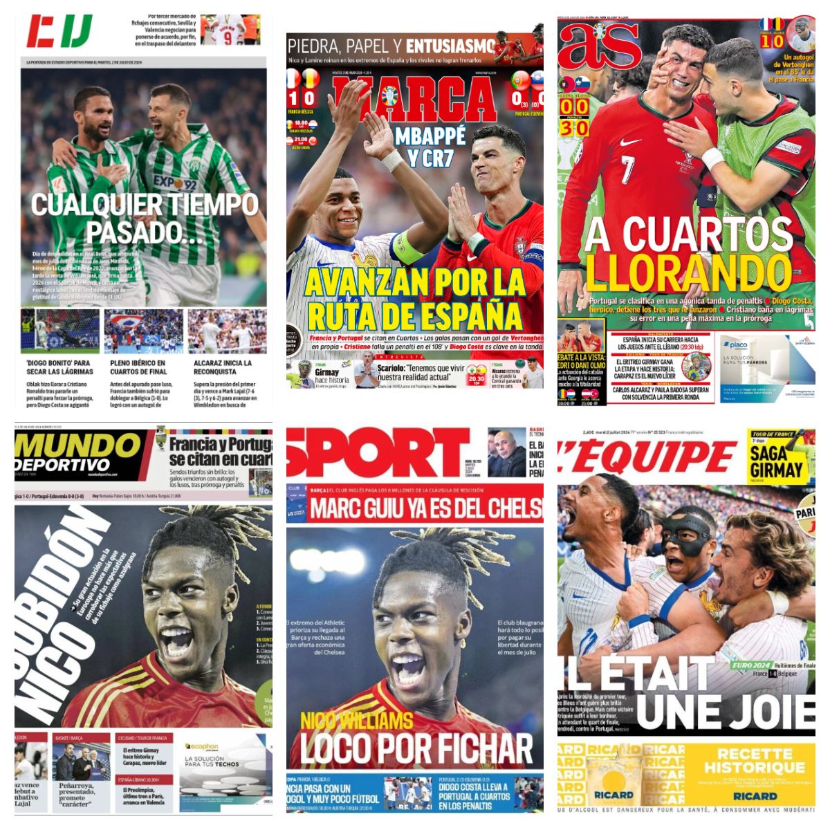 La clasificación de Francia y Portugal para cuartos, Nico Williams y el Barça... así llegan las portadas del 2 de julio