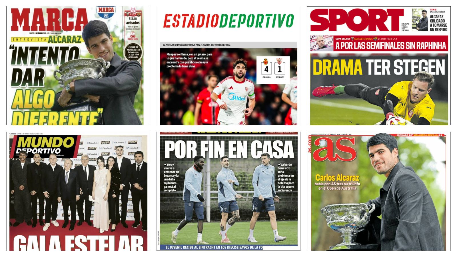 La debacle del Sevilla, nueva lesión de Ter Stegen, para Carlos Alcaraz nunca es suficiente... Así vienen las portadas del día