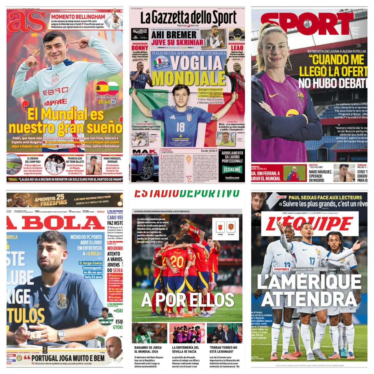 El partido de España ante Bulgaria, la clasificación de Cabo Verde para el Mundial, la operación de Marc Márquez... Así vienen las portadas deportivas del 14 de octubre
