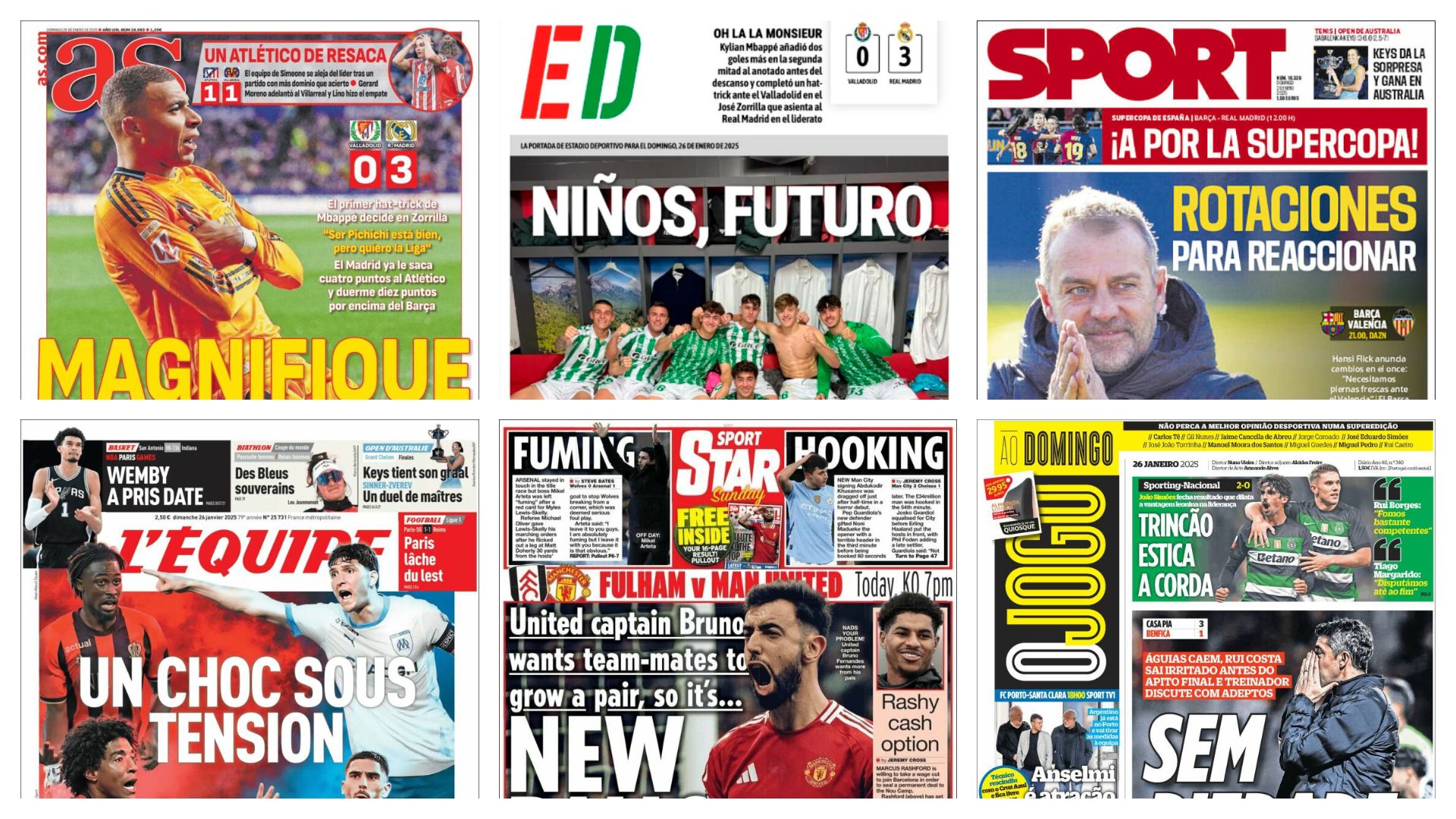 Las portadas deportivas del domingo 26 de enero: El pimer hat-trick de Mbappé, la Supercopa de fútbol femenino y la cantera verdiblanca