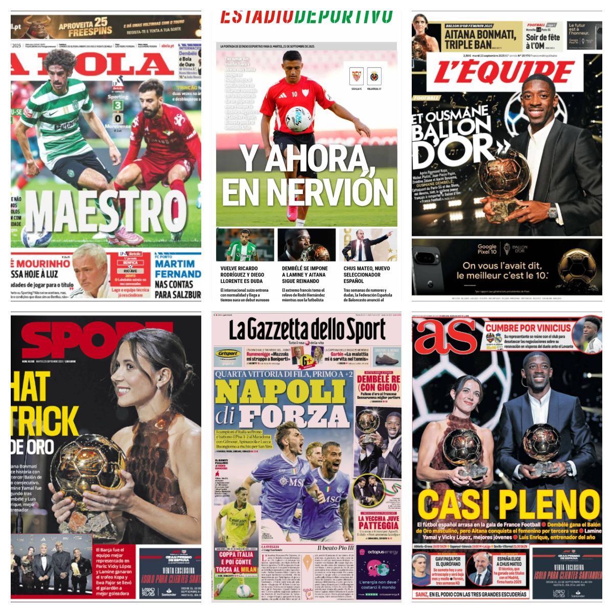 La gala del Balón de Oro, la llegada de Chus Mateo a la selección, la operación de Gavi... así vienen las portadas deportivas del 23 de septiembre