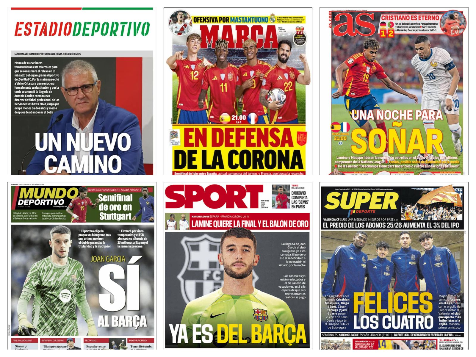 La Nations League, el fichaje de Joan García y el aterrizaje en Sevilla de Antonio Cordón: así vienen las portadas