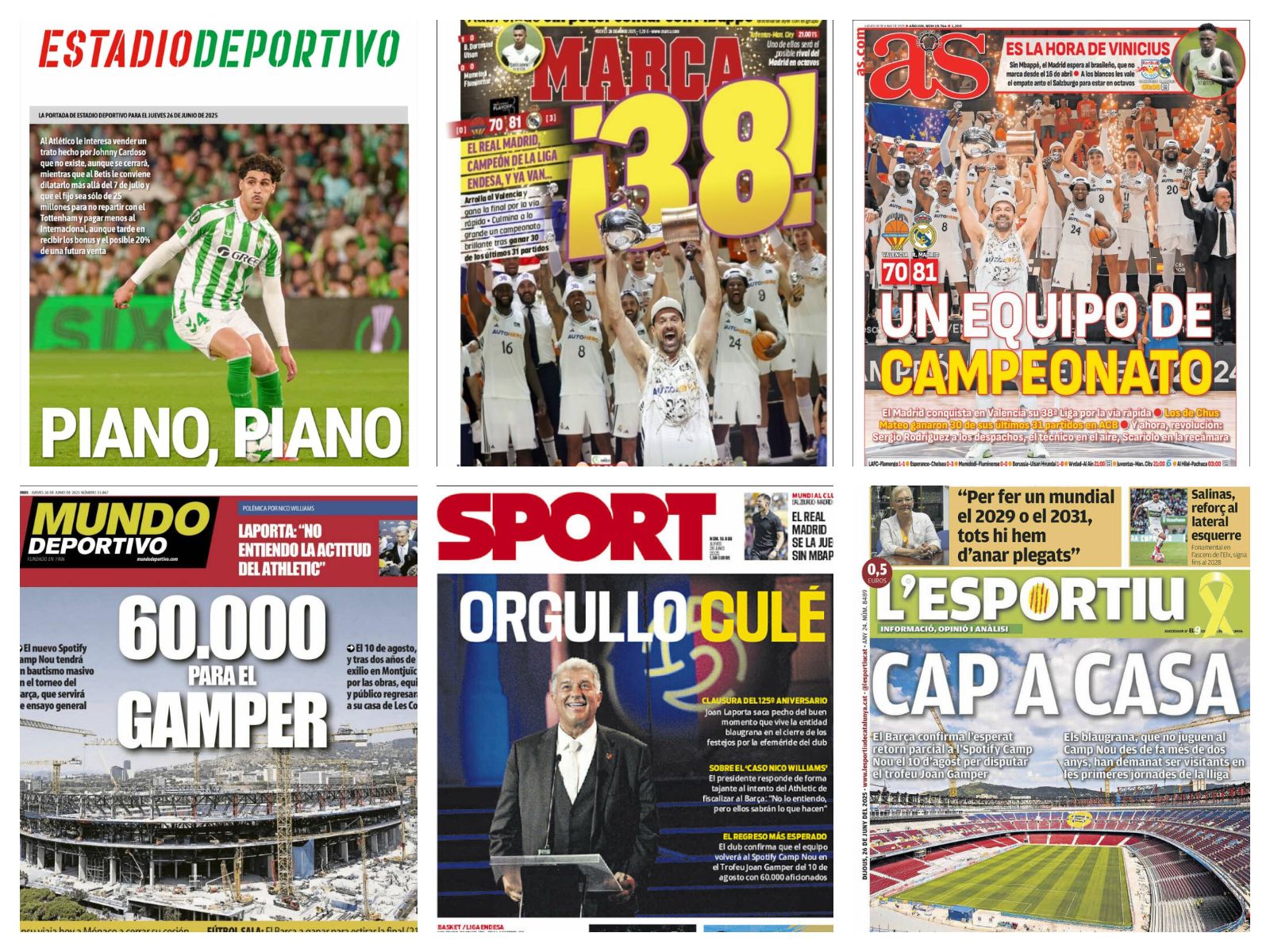 La 38ª Liga del Real Madrid, el fichaje de Johnny Cardoso y la salida de Nico Williams: así vienen las portadas