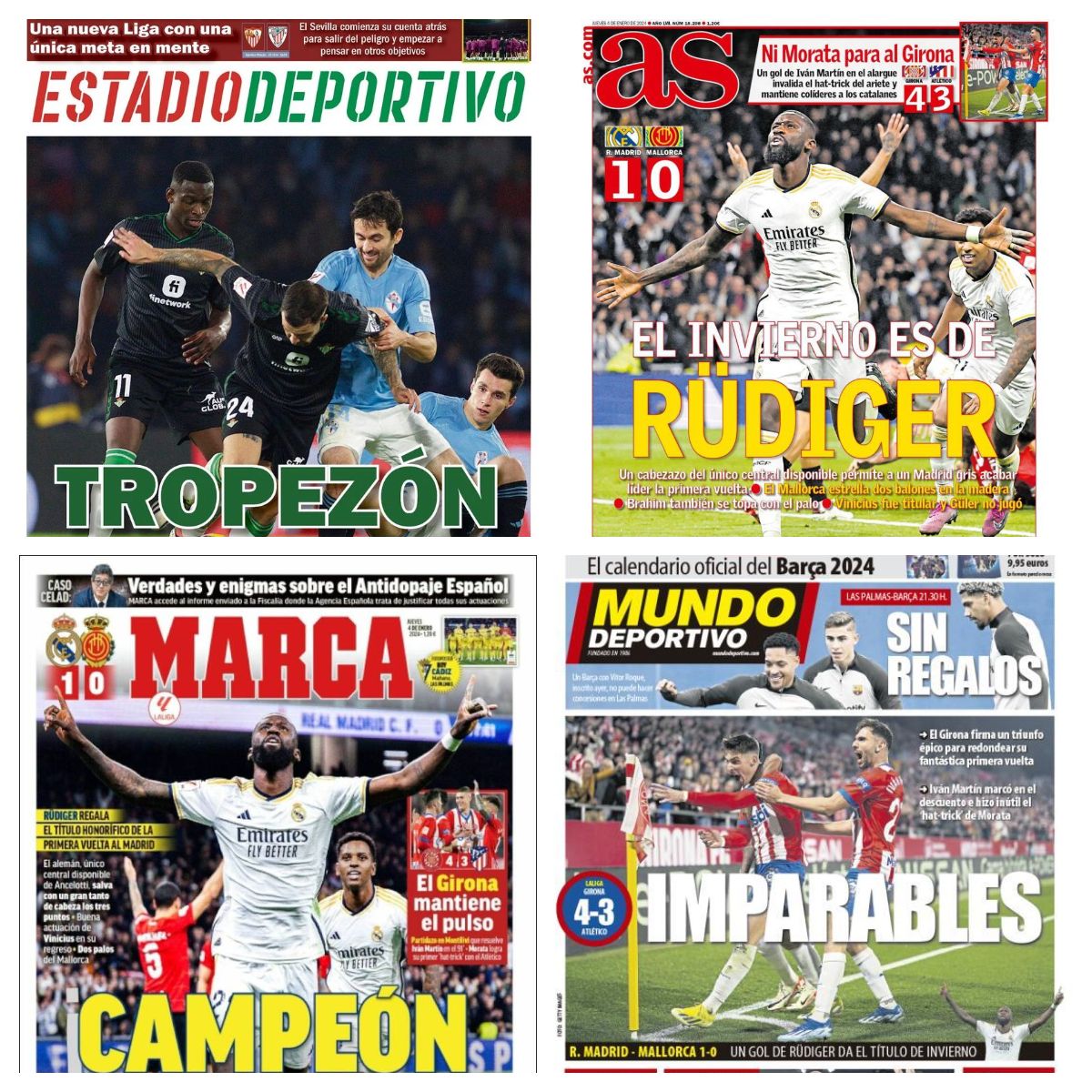 La derrota del Betis, los triunfos del Real Madrid y del Girona... así vienen las portadas del jueves 4 de enero de 2024