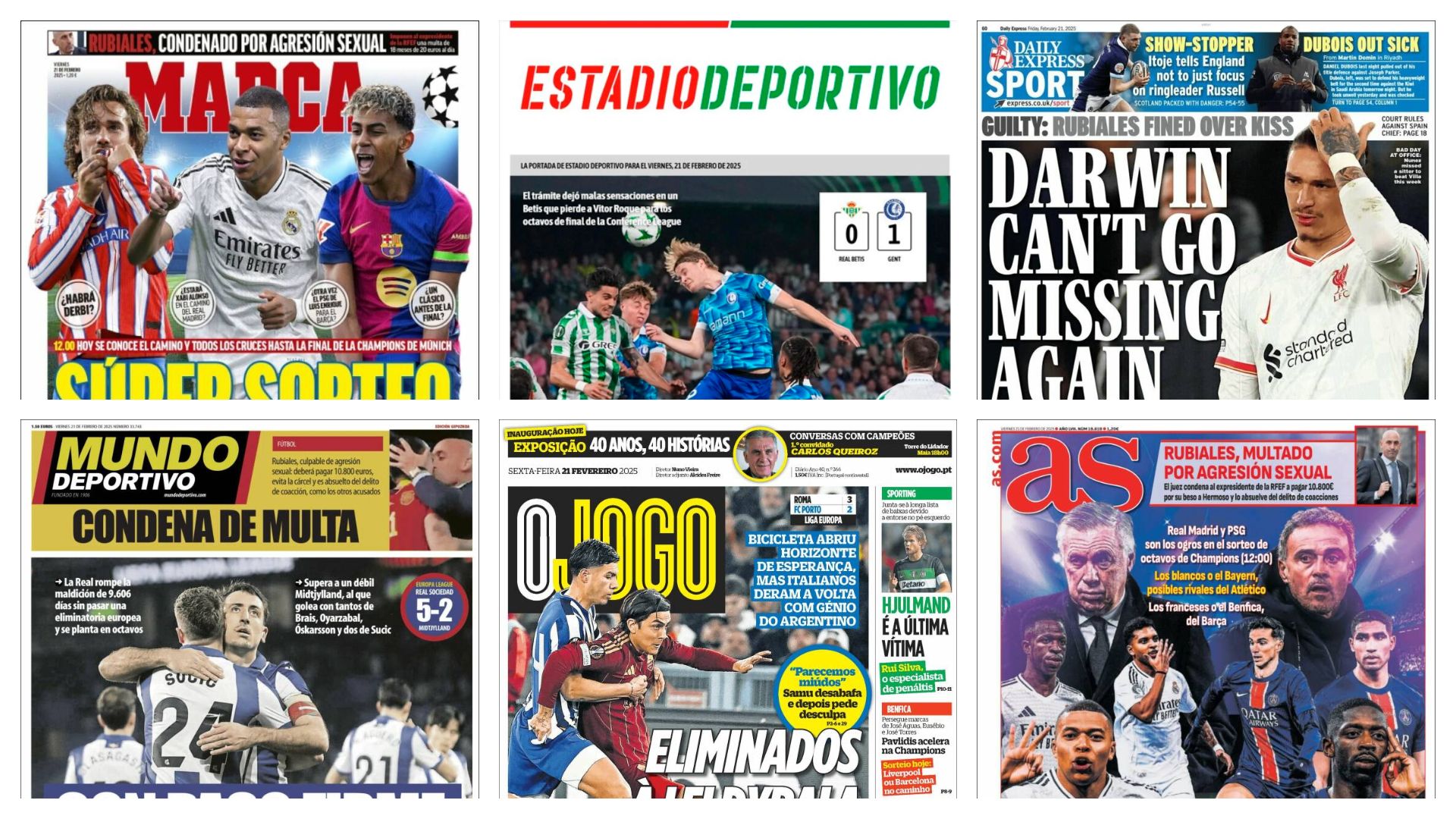 El Sorteo de Champions, goleada de Real en UEFA, el Betis pasa a Octavos de Conference, la sentencia del caso Rubiales... así llegan las portadas de hoy